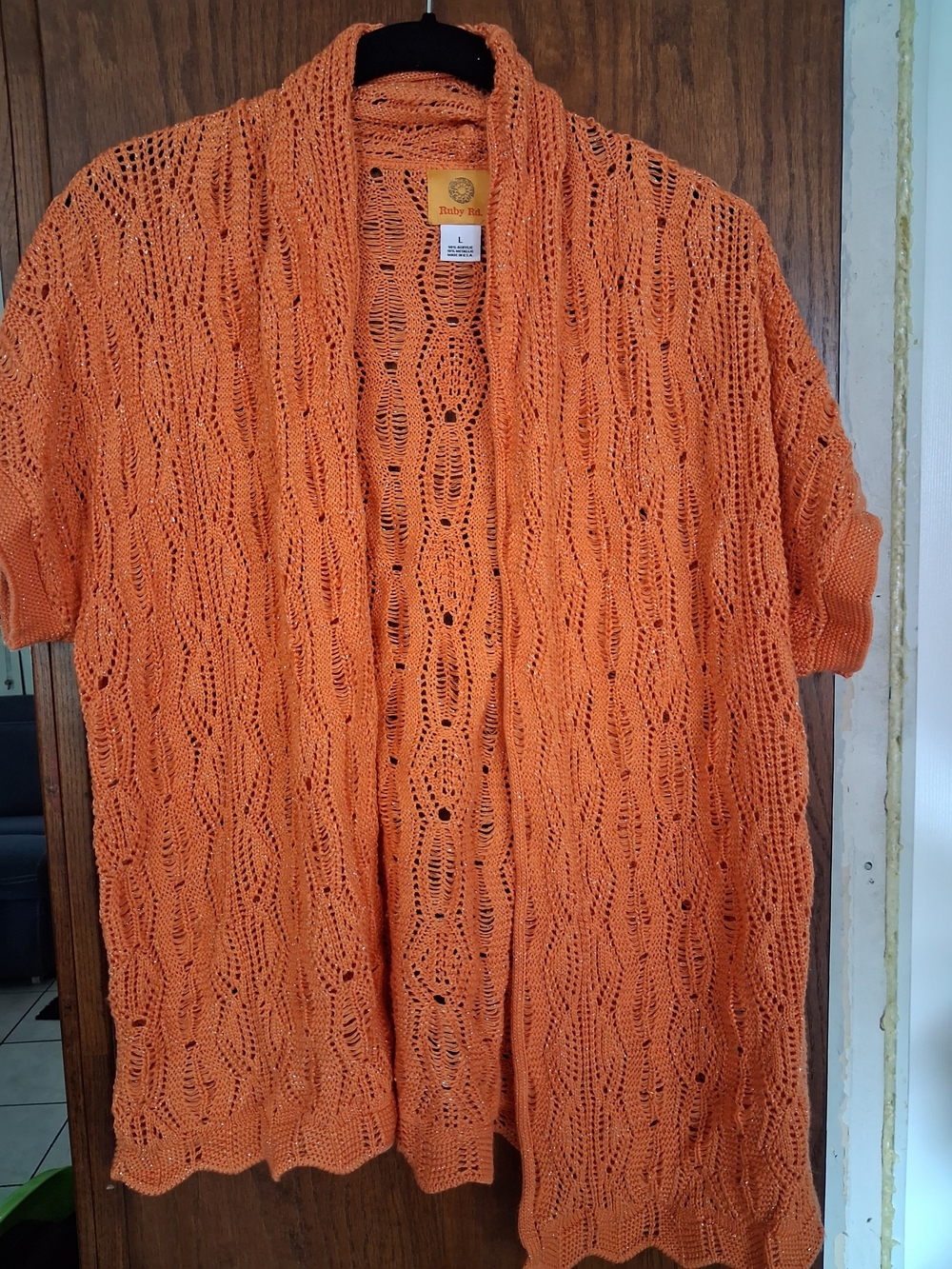 Ruby Rd. Metallic Open-Knit Cardigan in Coral Peach